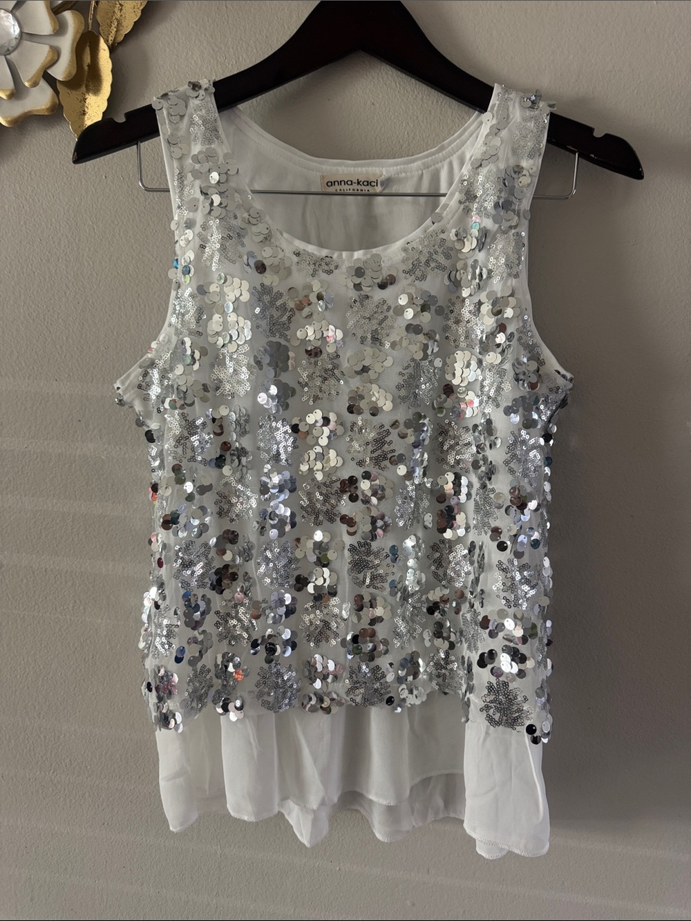Anna-Kaci White Sequin Layered Tank Top